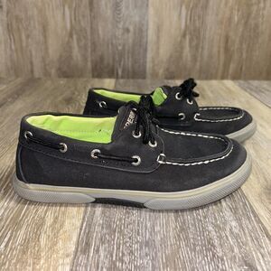 Sperry Top-Sider Halyard Loafers Youth US Size 3 Black Green Canvas Boat Shoes
